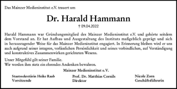 Traueranzeige von Harald Hammann von vrm-trauer AZ Mainz