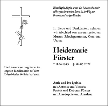 Traueranzeige von Heidemarie Förster von vrm-trauer Wiesbadener Kurier