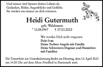 Traueranzeige von Heidi Gutermuth von vrm-trauer Darmstädter Echo