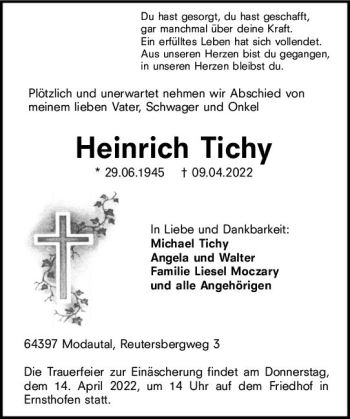 Traueranzeige von Heinrich Tichy von vrm-trauer Darmstädter Echo