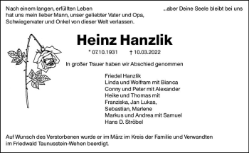 Traueranzeige von Heinz Hanzlik von vrm-trauer Idsteiner Zeitung