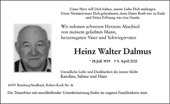 Traueranzeige von Heinz Walter Dalmus von vrm-trauer Odenwälder Echo