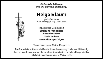 Traueranzeige von Helga Blaum von vrm-trauer AZ Mainz