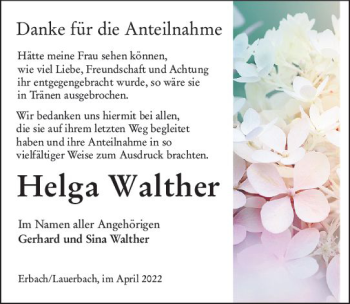 Traueranzeige von Helga Walther von vrm-trauer Odenwälder Echo