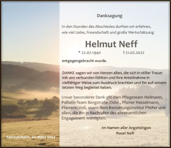 Traueranzeige von Helmut Neff von vrm-trauer Odenwälder Echo