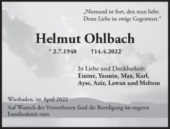 Traueranzeige von Helmut Ohlbach von vrm-trauer Wiesbadener Kurier