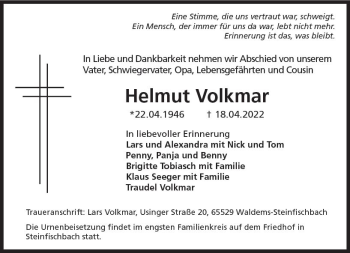 Traueranzeige von Helmut Volkmar von vrm-trauer Idsteiner Zeitung