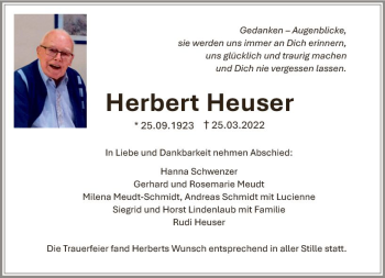 Traueranzeige von Herbert Heuser von vrm-trauer Wiesbadener Kurier