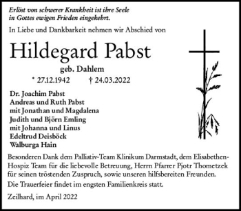 Traueranzeige von Hildegard Pabst von vrm-trauer Darmstädter Echo