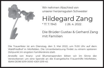 Traueranzeige von Hildegard Zang von vrm-trauer Groß-Gerauer Echo
