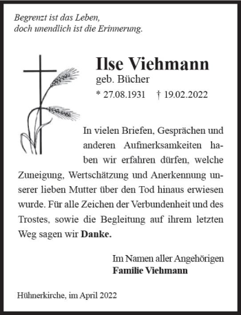 Traueranzeige von Ilse Viehmann von vrm-trauer Wiesbadener Kurier