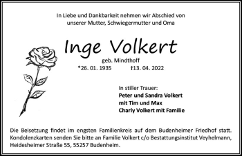 Traueranzeige von Inge Volkert von vrm-trauer AZ Mainz
