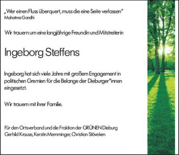 Traueranzeige von Ingeborg Steffens von vrm-trauer DieburgerAnzeiger/Groß-Zimmerner Lokala