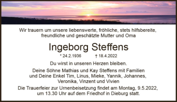 Traueranzeige von Ingeborg Steffens von vrm-trauer DieburgerAnzeiger/Groß-Zimmerner Lokala