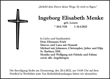 Traueranzeige von Ingeborg Elisabeth Menke von vrm-trauer Groß-Gerauer Echo