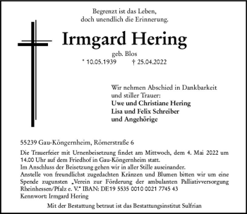 Traueranzeige von Irmgard Hering von vrm-trauer Allgemeine Zeitung Alzey