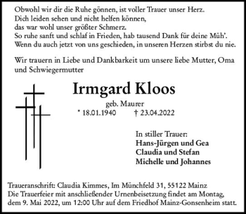 Traueranzeige von Irmgard Kloos von vrm-trauer AZ Mainz