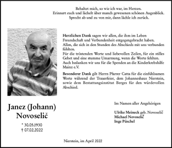 Traueranzeige von Janez Novoselic von vrm-trauer AZ Mainz