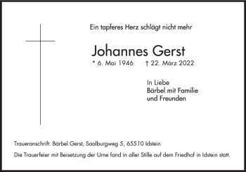 Traueranzeige von Johannes Gerst von vrm-trauer Idsteiner Zeitung