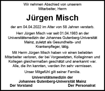 Traueranzeige von Jürgen Misch von vrm-trauer Wiesbadener Kurier