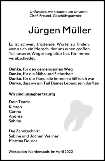 Traueranzeige von Jürgen Müller von vrm-trauer Wiesbadener Kurier