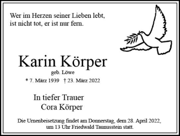 Traueranzeige von Karin Körper von vrm-trauer Wiesbadener Kurier