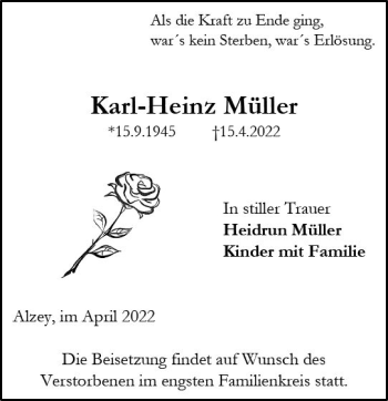 Traueranzeige von Karl-Heinz Müller von vrm-trauer Allgemeine Zeitung Alzey