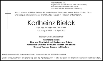 Traueranzeige von Karlheinz Bielak von vrm-trauer Wiesbadener Kurier