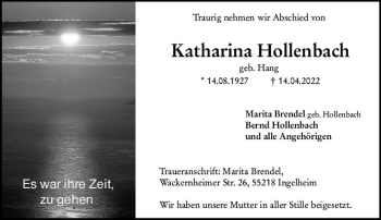 Traueranzeige von Katharina Hollenbach von vrm-trauer Allgemeine  Zeitung Ingelheim-Bingen