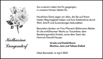 Traueranzeige von Katharina Langendorf von vrm-trauer Darmstädter Echo