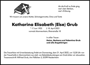 Traueranzeige von Katharina Elisabeth Grub von vrm-trauer AZ Mainz