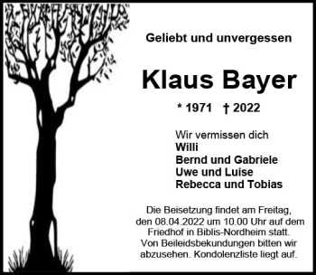 Traueranzeige von Klaus Bayer von vrm-trauer Wormser Zeitung