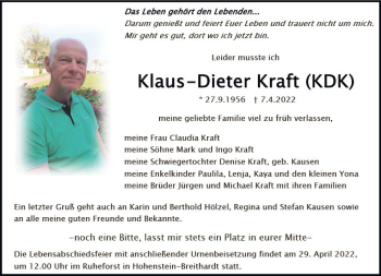 Traueranzeige von Klaus-Dieter Kraft von vrm-trauer Wiesbadener Kurier