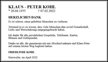 Traueranzeige von Klaus-Peter Kohl von vrm-trauer Allgemeine  Zeitung Ingelheim-Bingen