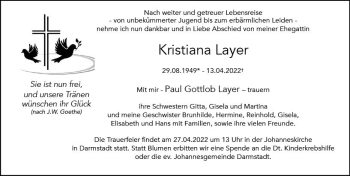 Traueranzeige von Kristiana Layer von vrm-trauer Darmstädter Echo