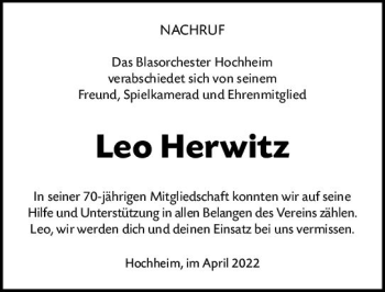Traueranzeige von Leo Herwitz von vrm-trauer Hochheimer Zeitung