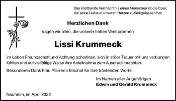 Traueranzeige von Lissi Krummeck von vrm-trauer Rüsselsheimer Echo / MainSpitze