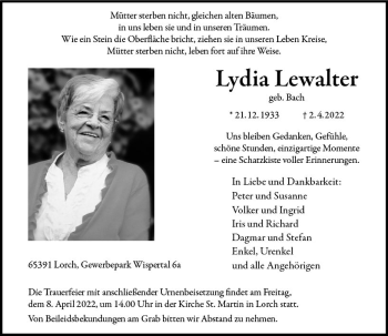Traueranzeige von Lydia Lewalter von vrm-trauer Wiesbadener Kurier
