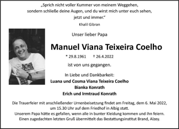 Traueranzeige von Manuel Viana Teixeira Coelho von vrm-trauer Allgemeine Zeitung Alzey