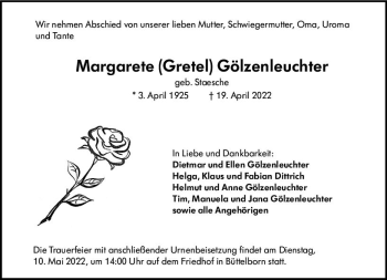 Traueranzeige von Margarete Gölzenleuchter von vrm-trauer Groß-Gerauer Echo
