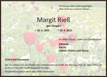 Traueranzeige von Margit Rieß von vrm-trauer Allg. Zeitung Bad Kreuznach
