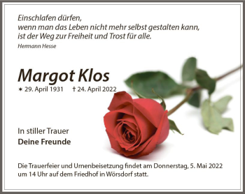 Traueranzeige von Margot Klos von vrm-trauer Idsteiner Zeitung