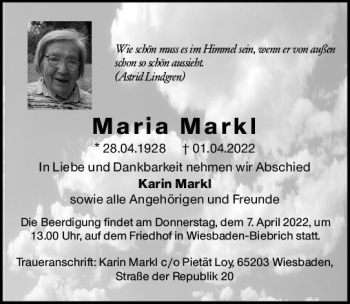 Traueranzeige von Maria Markl von vrm-trauer Wiesbadener Kurier