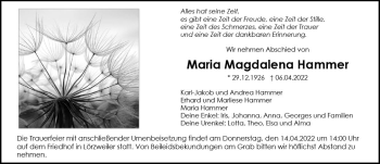 Traueranzeige von Maria Magdalena Hammer von vrm-trauer AZ Mainz