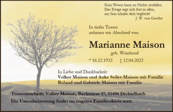 Traueranzeige von Marianne Maison von vrm-trauer Allgemeine  Zeitung Ingelheim-Bingen