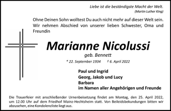 Traueranzeige von Marianne Nicolussi von vrm-trauer AZ Mainz