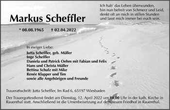 Traueranzeige von Markus Scheffler von vrm-trauer Wiesbadener Kurier