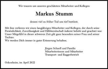 Traueranzeige von Markus Stumm von vrm-trauer Allgemeine  Zeitung Ingelheim-Bingen
