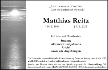 Traueranzeige von Matthias Reitz von vrm-trauer Rüsselsheimer Echo / MainSpitze