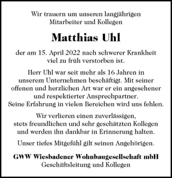 Traueranzeige von Matthias Uhl von vrm-trauer Wiesbadener Kurier